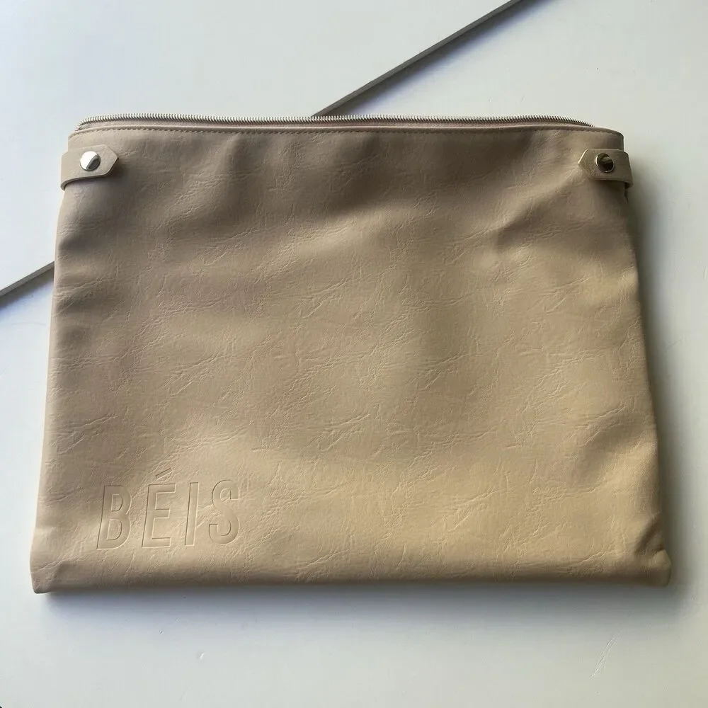 BÉIS Beige Zipper Travel Pouch Portable Toiletry Cosmetic Bag Snap Button